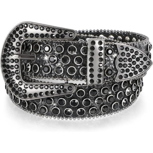 Women Men Rhinestones Belt A-black